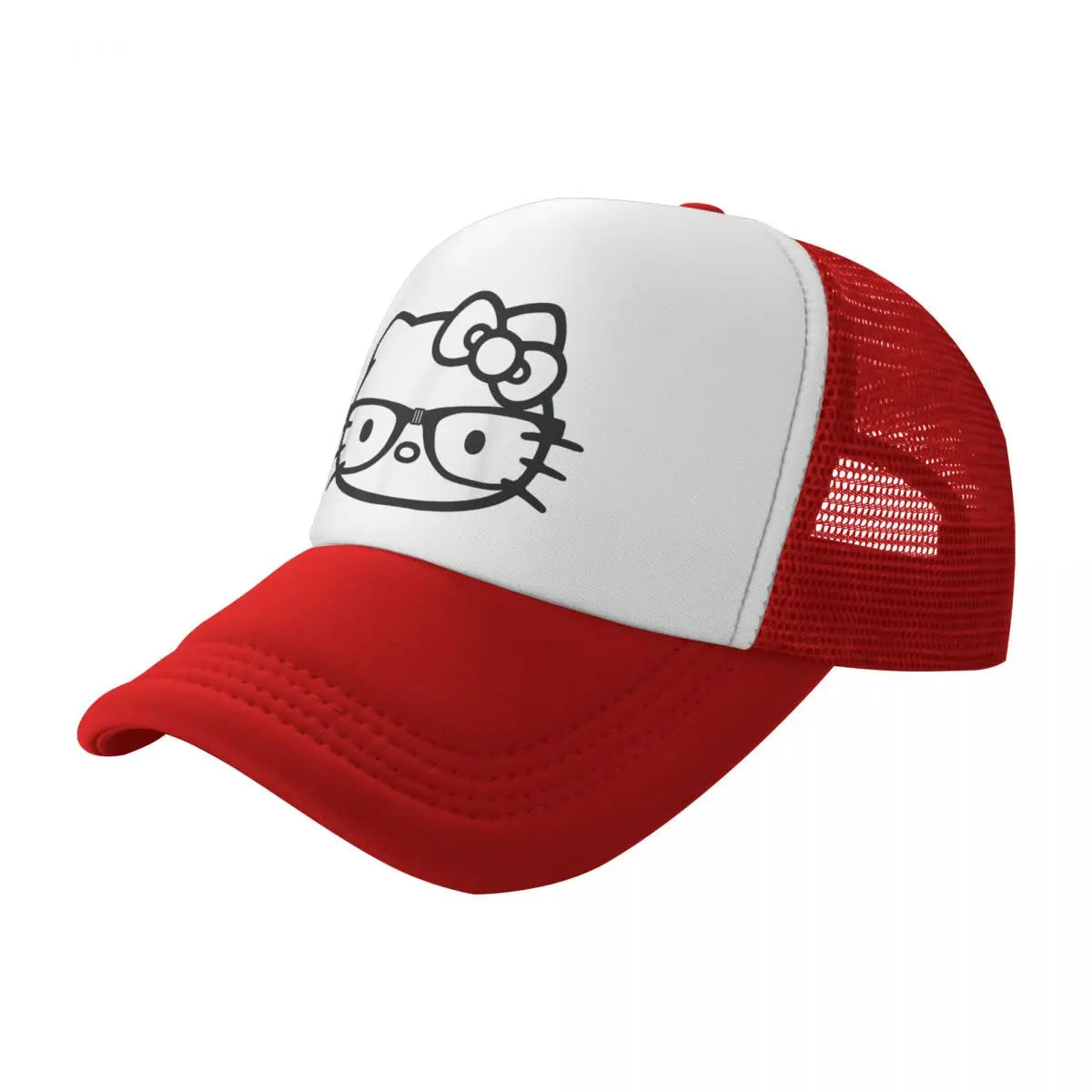 Hello Kitty Black And White Nerd Glasses Trucker Hat Sport Hats Fishing Hat Breathable Snapback Caps Mesh Baseball Caps Summer