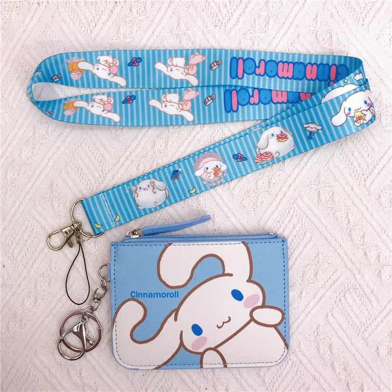 Kawaii Sanrio Kuromi Hello Kitty Cinnamorroll Melody Pachacco Pom Purin Leather Card Holder Lovely Coin Wallet Key Chain Pendant