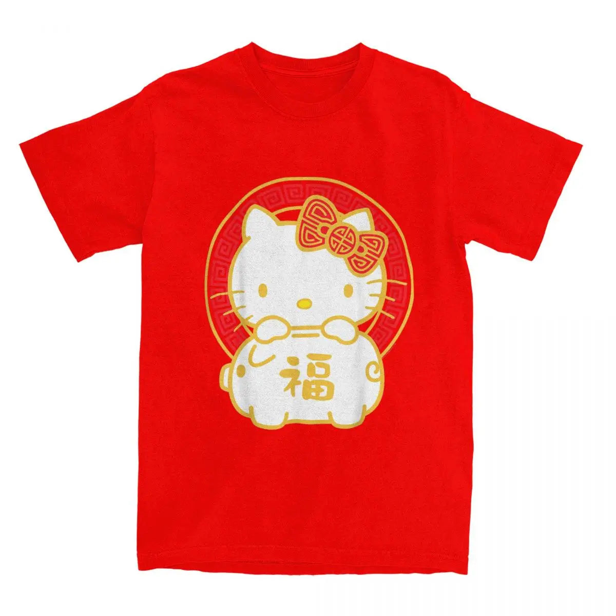 Novelty Hello Kitty Happy Lunar New Year Year Of The Pig T-Shirts Men Women 100% Cotton T Shirt Short Sleeve Tees Unique Tops