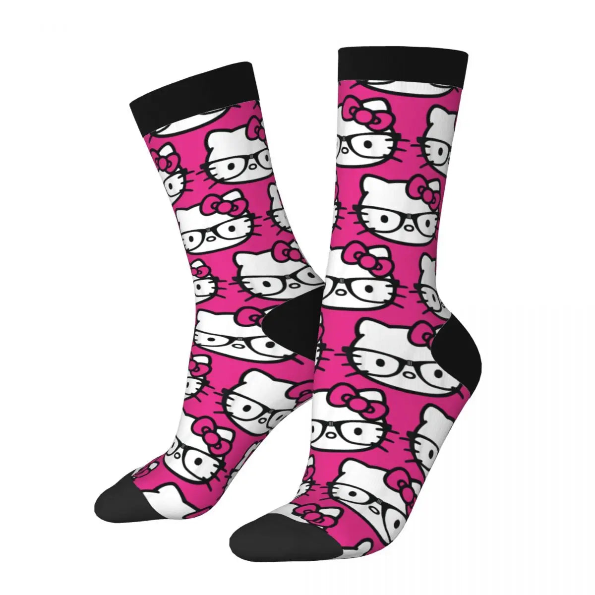 Autumn Winter Fashion Men's Women's Hello Kitty Black And White Nerd Glasses Socks Non-slip Skateboard Socks
